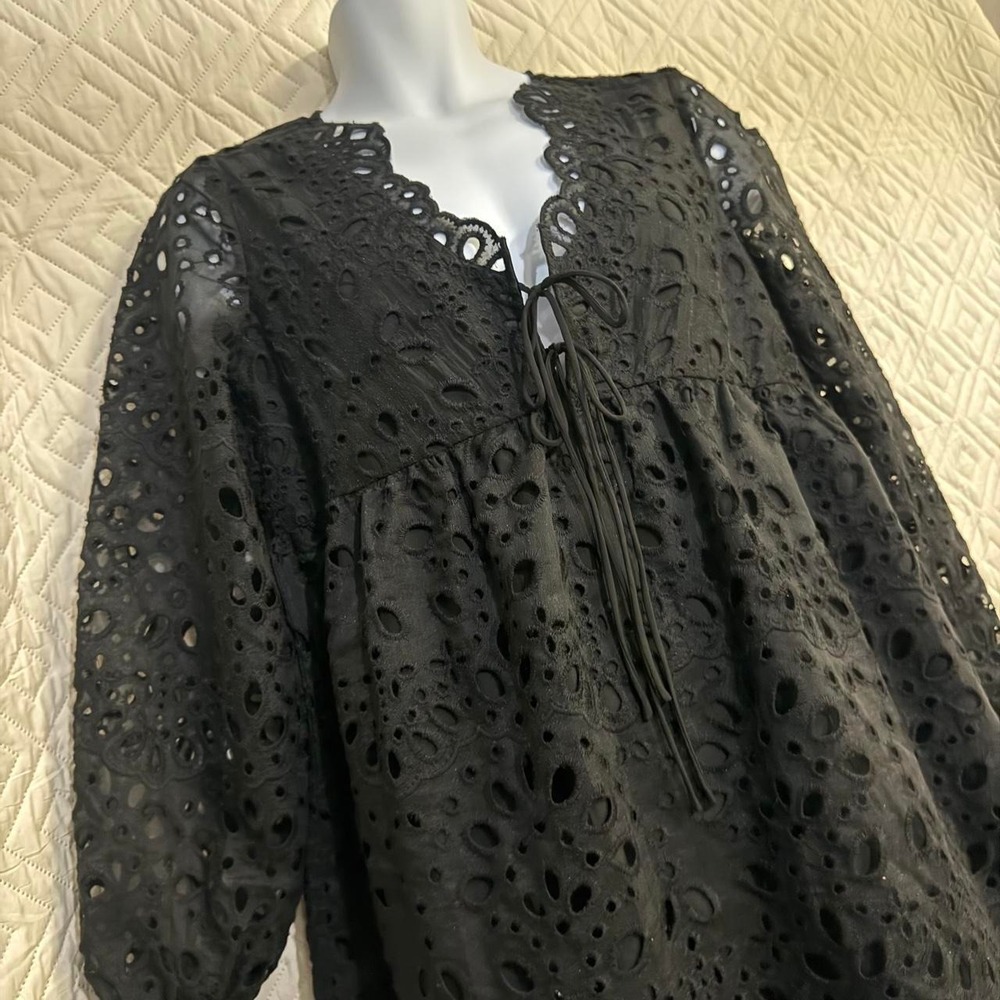 Women Small Blouse Black Eyelet Lace BABYDOLL Long Sleeve Whimsygoth GOTHIC